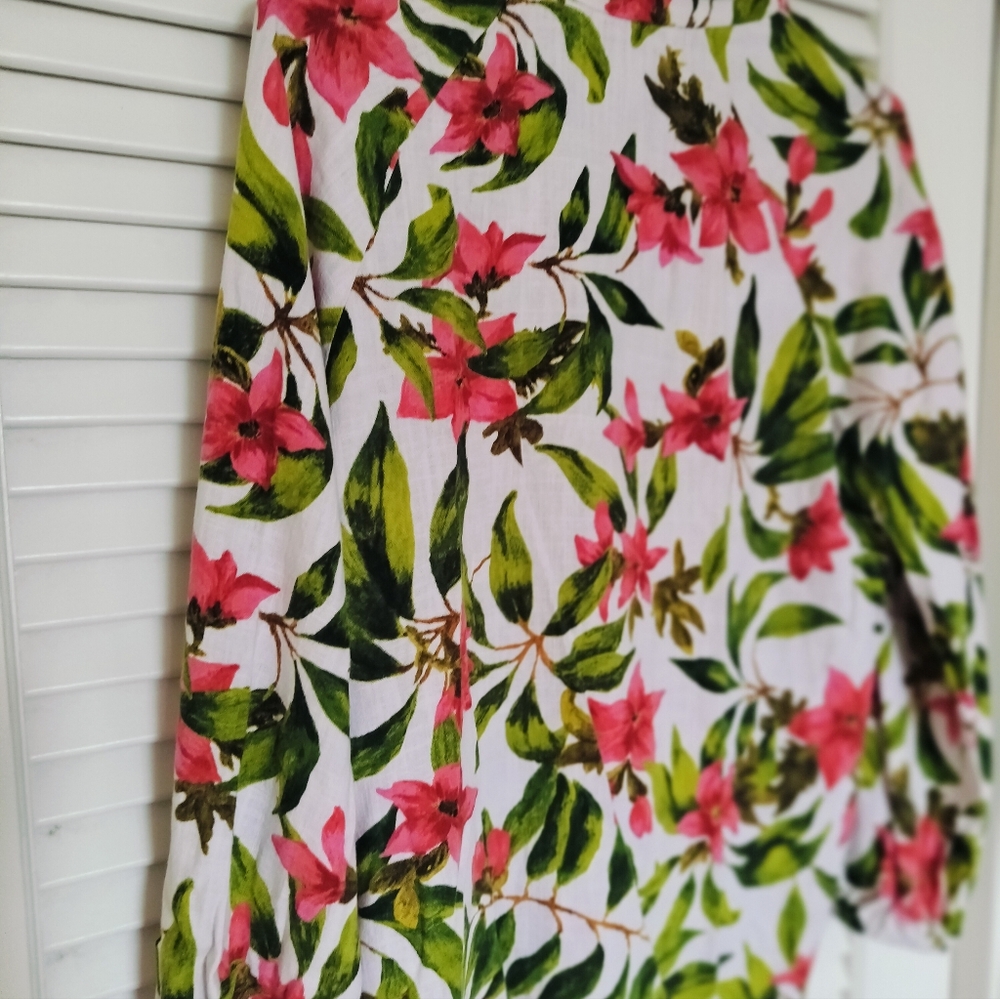 Zara Linen Blend Tropical Floral Blouse Green/Pink Size M Hawaiian - Picture 4 of 7